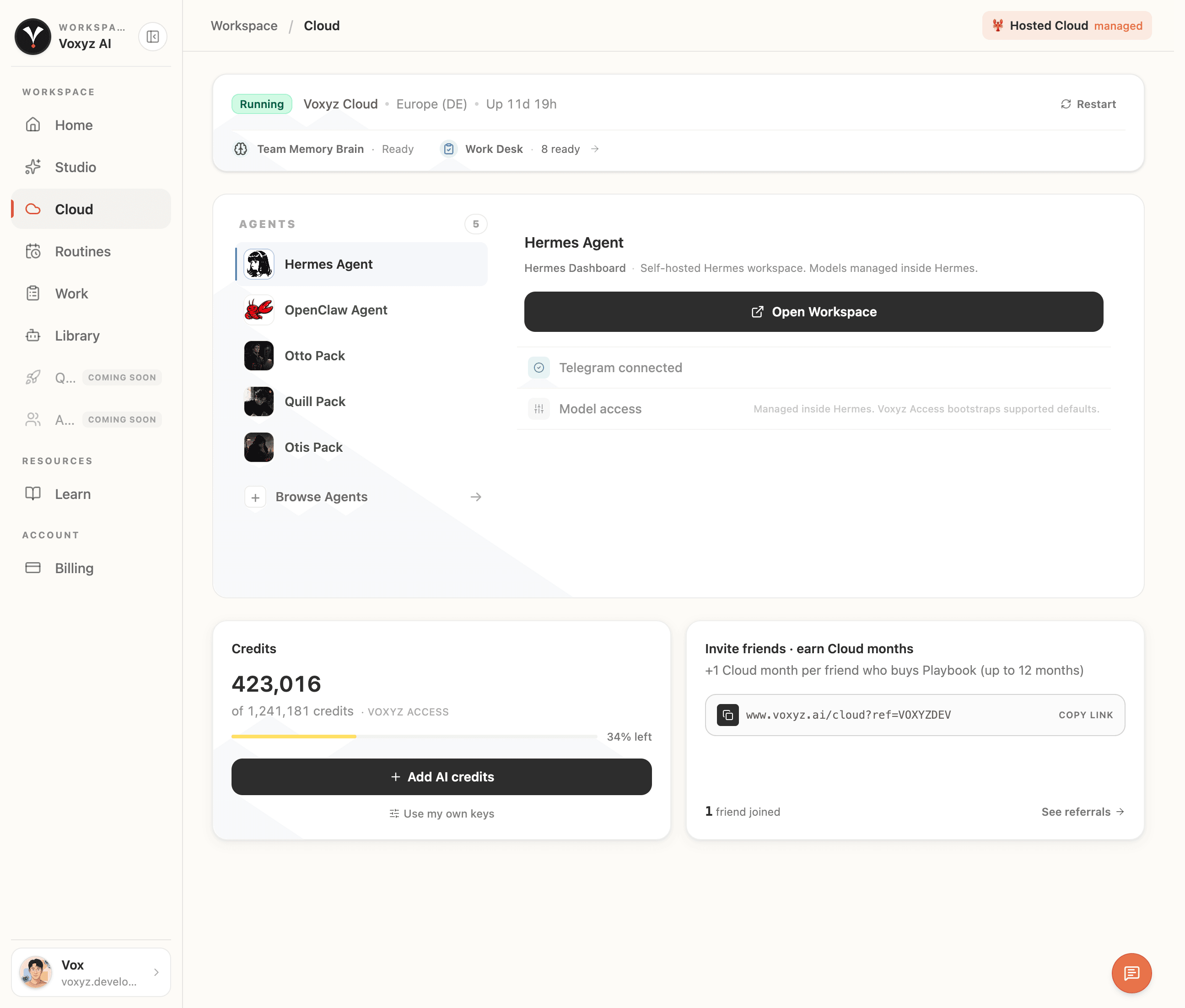 Voxyz Cloud dashboard showing the Voxyz Cloud workspace running in Europe (DE) with Hermes Agent selected, Telegram connected, OpenClaw and three pack agents (Otto, Quill, Otis) in the sidebar, plus credits and invite-friends panels at the bottom.