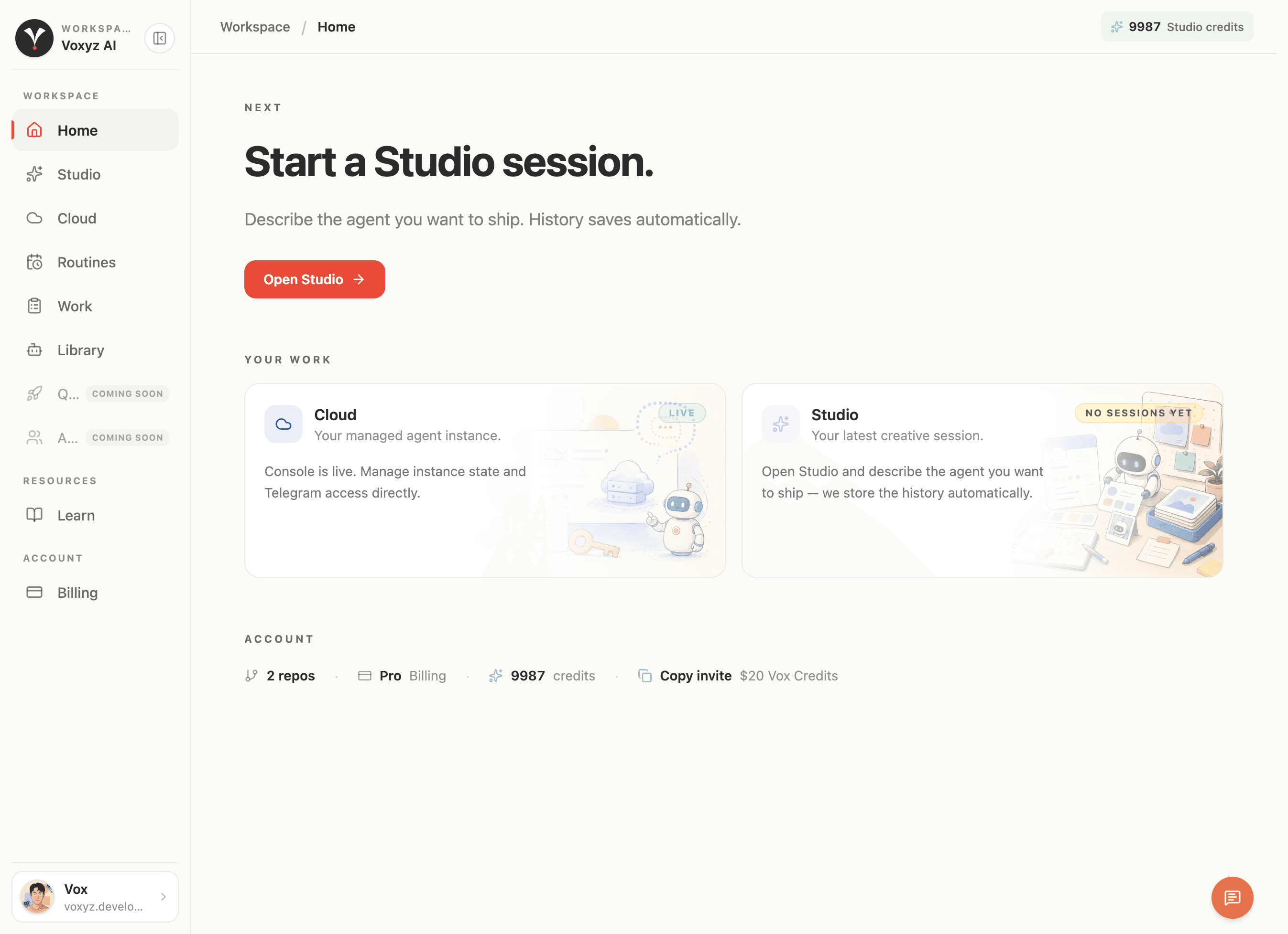 Voxyz workspace home with two large entry cards (Cloud: your managed agent instance, Studio: your latest creative session) and an account strip showing Pro plan and Studio credits.